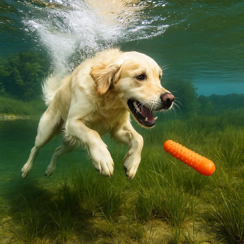 Underwater retriever diving for a floating toy.