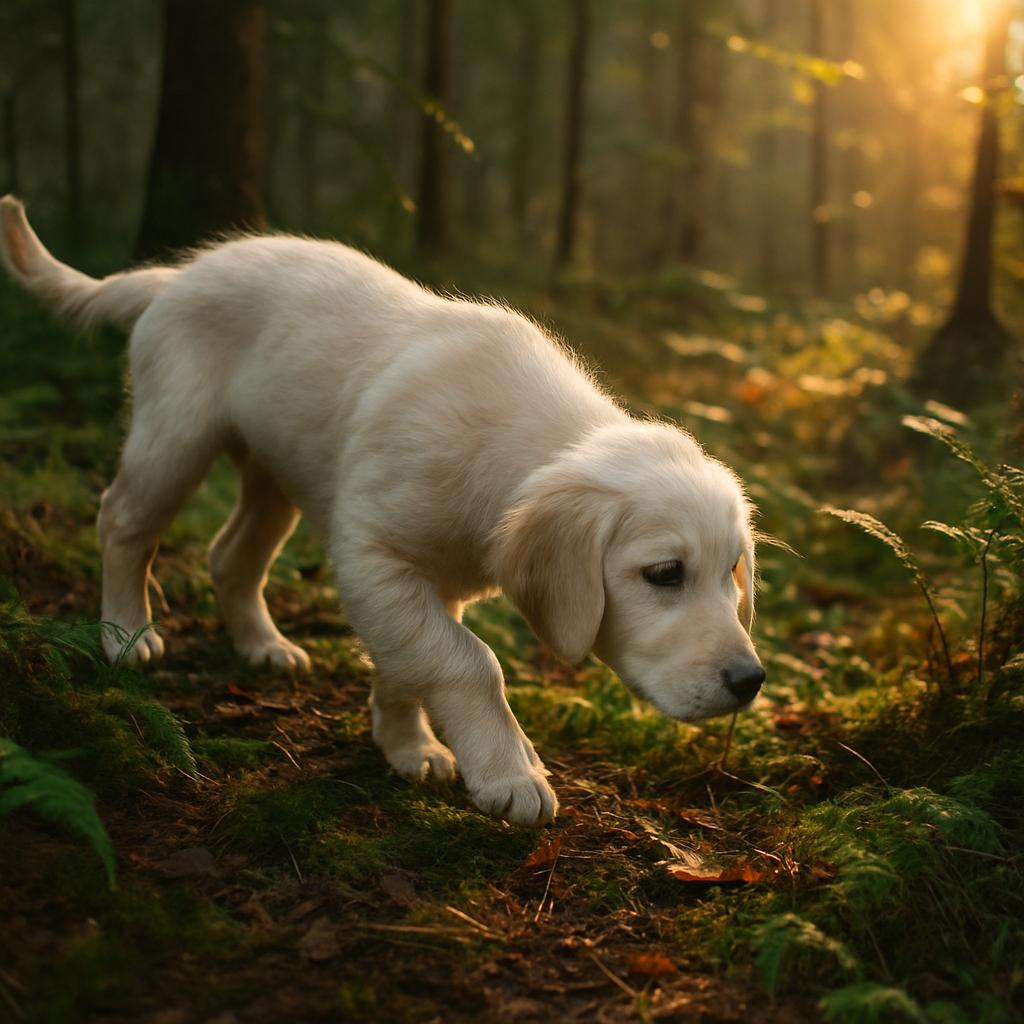 Dew-kissed retriever puppy sniffing forest floor at dawn.