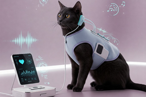 A futuristic scene showing a dog wearing a smart collar with sensors, surrounded by floating sound waves and music notes, symbolizing real-time sound adjustment technology. The pet appears calm and relaxed, with biometric data being monitored in a sleek, high-tech environment.
