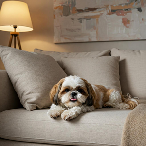 Shih Tzu dog resting peacefully on a cozy couch, showcasing its gentle and loyal nature in a serene home setting.