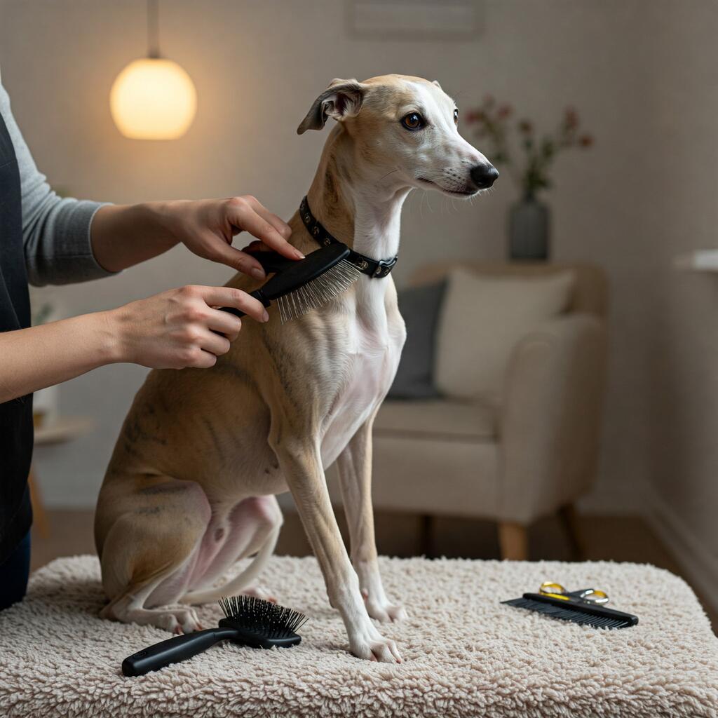 Whippet dog being groomed and cared for, with a focus on maintaining its sleek coat and healthy appearance in a calm home environment.