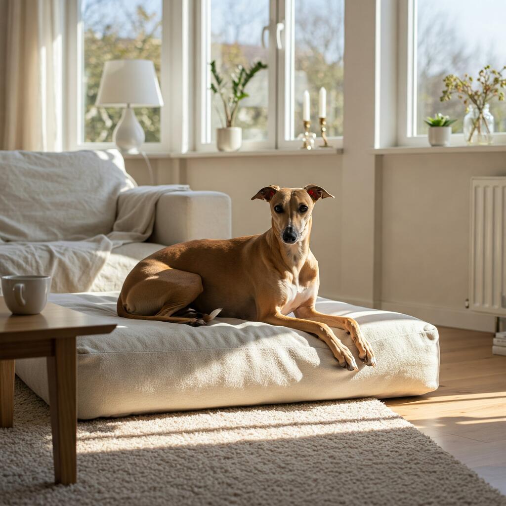 Whippet dog resting calmly on a cozy bed, showcasing its gentle nature and suitability as a companion for active individuals and families.