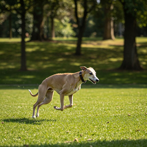 Whippet dog running gracefully in a serene outdoor setting, showcasing its speed and calm, gentle nature.