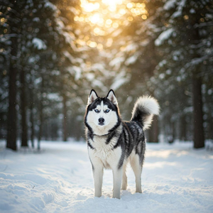 A Siberian Husky standing proudly in a snowy landscape, showcasing its strong physique and adventurous spirit.