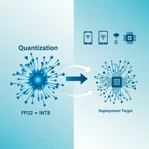 A conceptual illustration of AI model quantization, showing a neural network being transformed from high-precision floating-point to lower-precision formats like INT8, enabling deployment on edge devices like smartphones and IoT chips