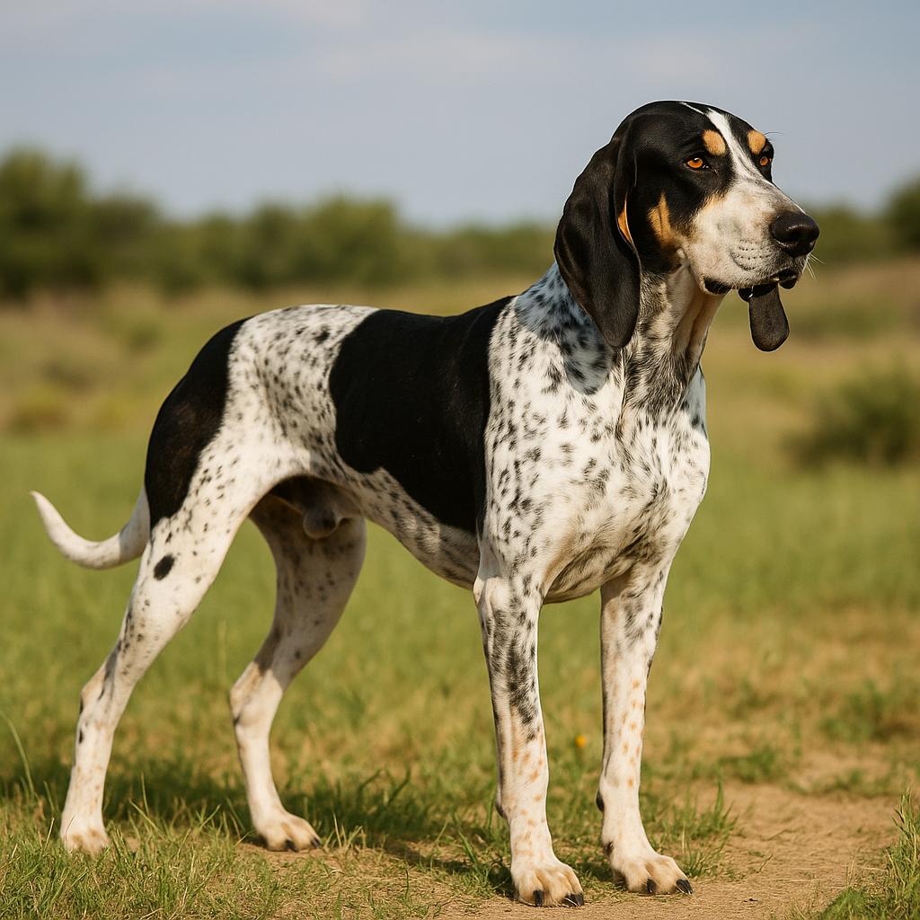 Tricolor scent hound standing alert in open grassland.