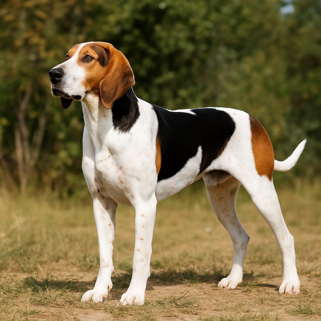 Tricolor hound standing focused on dry forest edge.