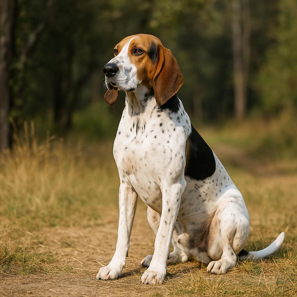 Tricolor hound sitting calmly on a woodland trail.