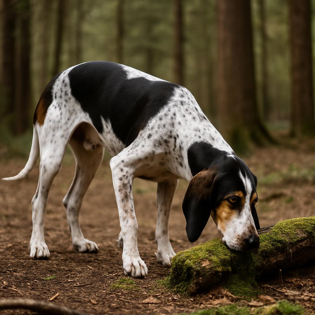 Scent hound tracking closely near mossy forest log.