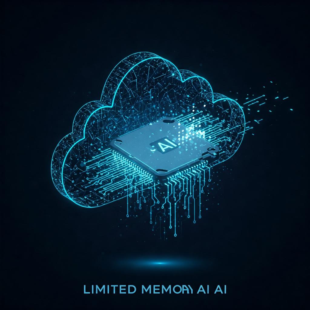 A futuristic digital cloud surrounded by glowing data streams and fragmented memory blocks, symbolizing an AI system with short-term memory capacity. Cool tones of blue and silver highlight the advanced yet limited nature of the technology.