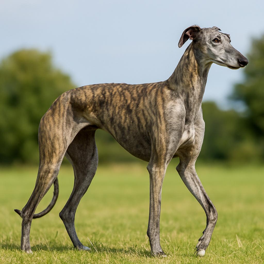 Slender brindle hound standing poised in green meadow.