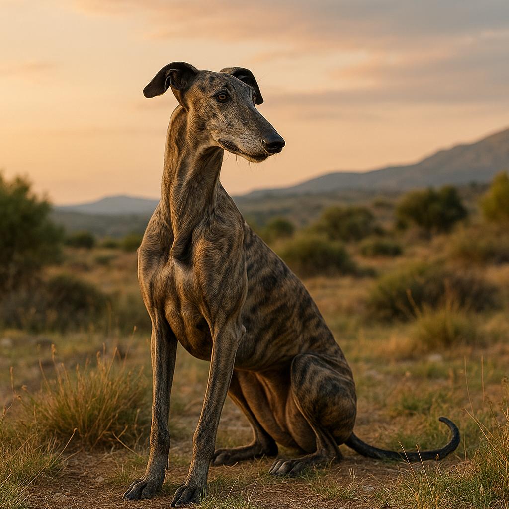Brindle sighthound seated calmly in sunlit scrubland.