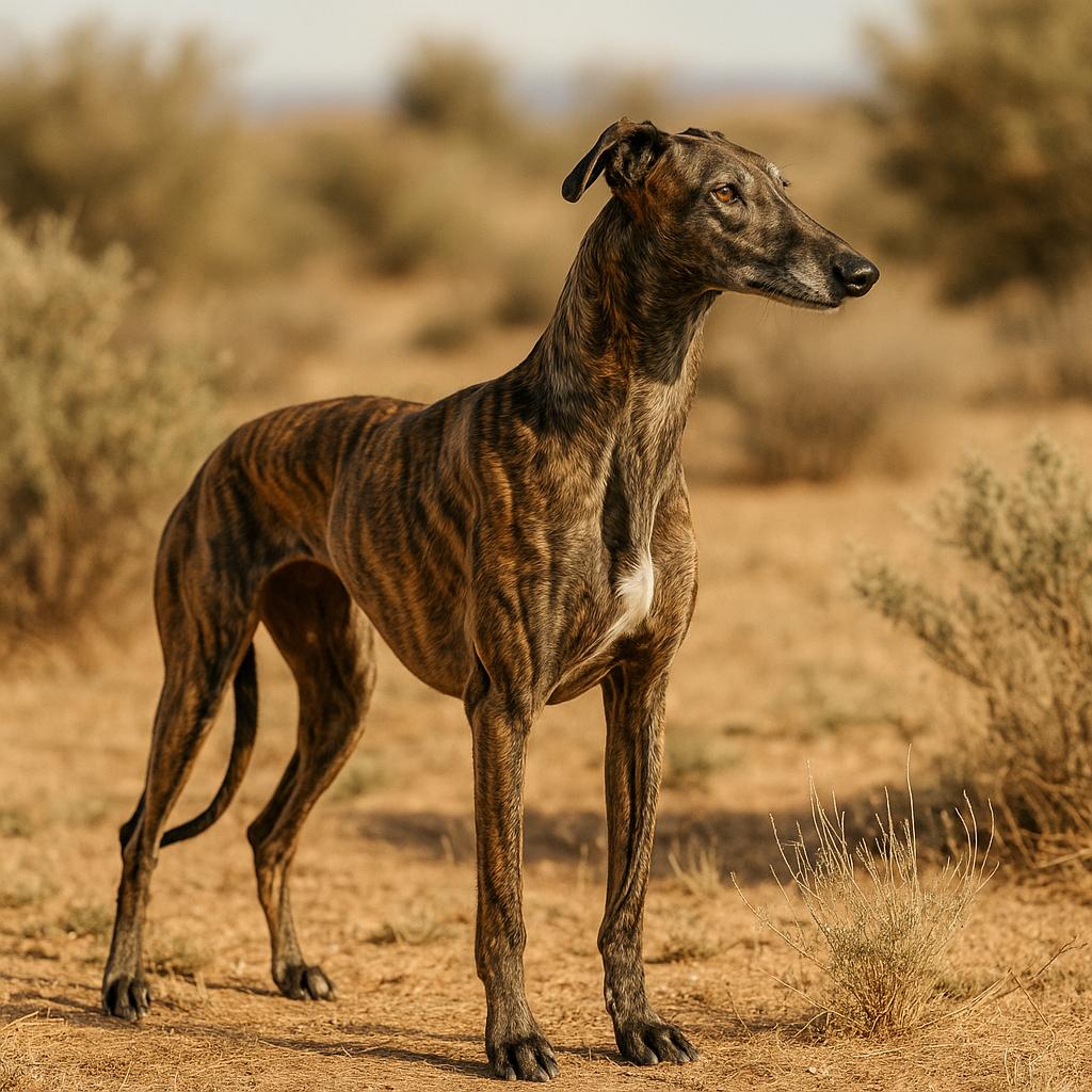Brindle hound standing tall in sunlit desert brush.