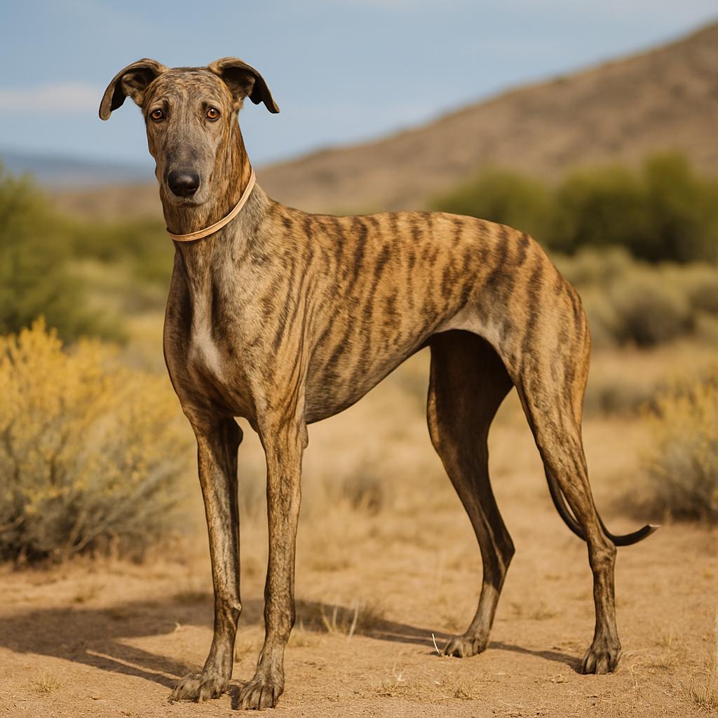 Brindle sighthound facing forward in dry open terrain.