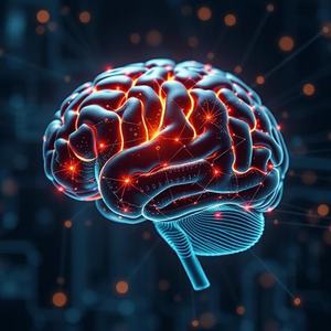 Illustration of a human brain merging with digital circuits and data streams, symbolizing the cognitive effects of learning with artificial intelligence.