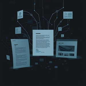 Concept art depicting the threat of AI replacing original web content, with machines absorbing or obscuring blogs and websites in a dark digital landscape.