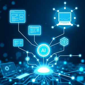 Illustration of generative AI enhancing digital content creation, with glowing links connecting websites, AI interfaces, and users in a futuristic and optimistic environment.