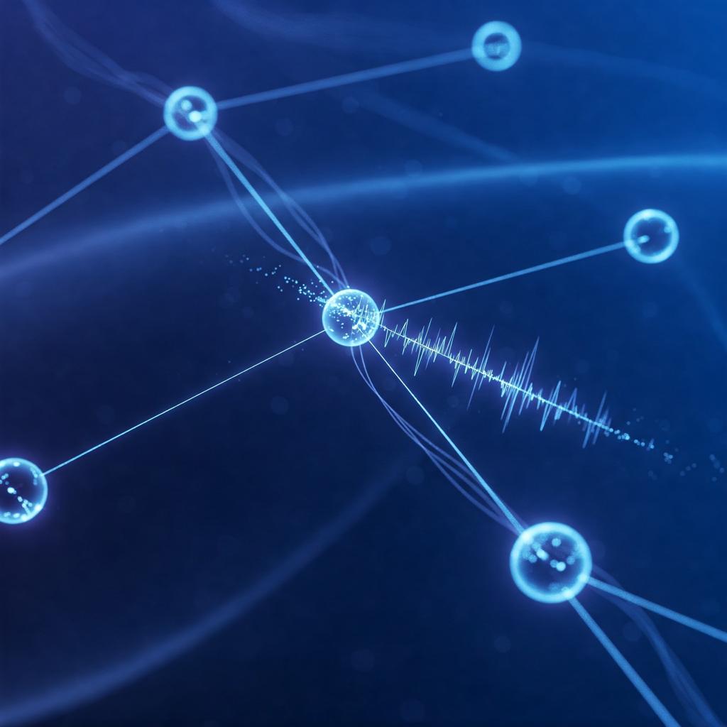 An abstract digital illustration of a quantum network, featuring glowing nodes connected by entangled light paths in a cold, low-entropy environment. A central node emits a synchronized pulse, symbolizing time coordination across the network. The color palette includes deep blues and purples, evoking quantum coherence and stability.