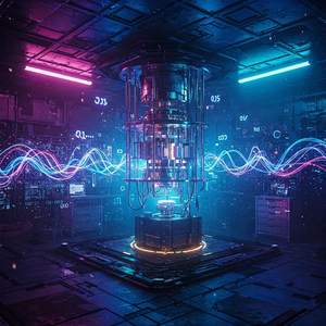 Futuristic quantum computer glowing with neon lights in a high-tech lab, surrounded by data streams and digital interfaces.