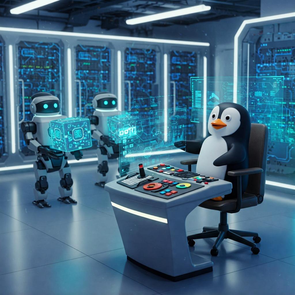 Tux the Linux penguin managing friendly AI robots in a futuristic data center, surrounded by glowing screens and subtle OpenShift branding.