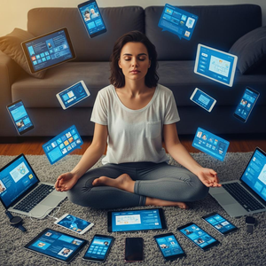 Digital devices surround an empty, serene space, symbolizing mental calm amidst tech overload.