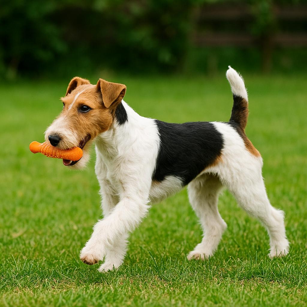 Alert tricolor terrier trotting across lawn, toy in mouth.