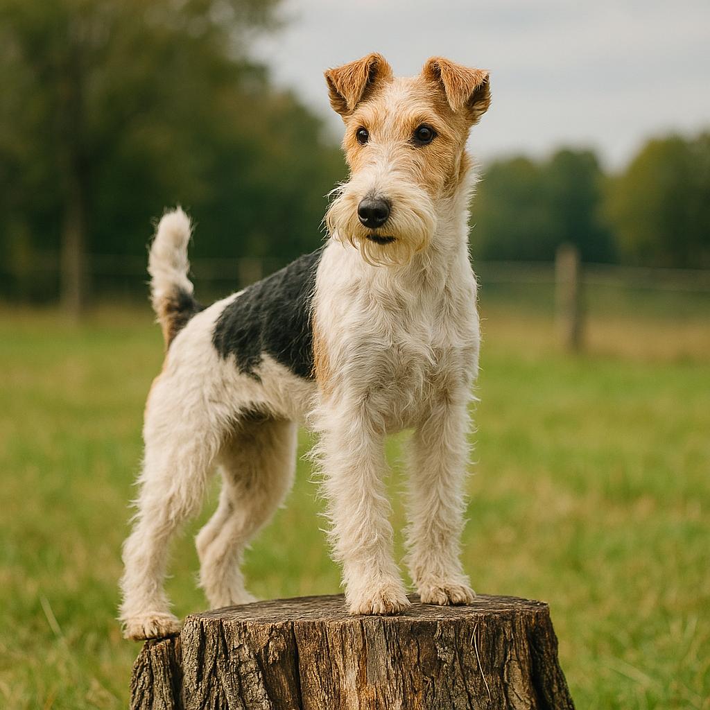 Curious terrier perched atop a tree stump in a field.