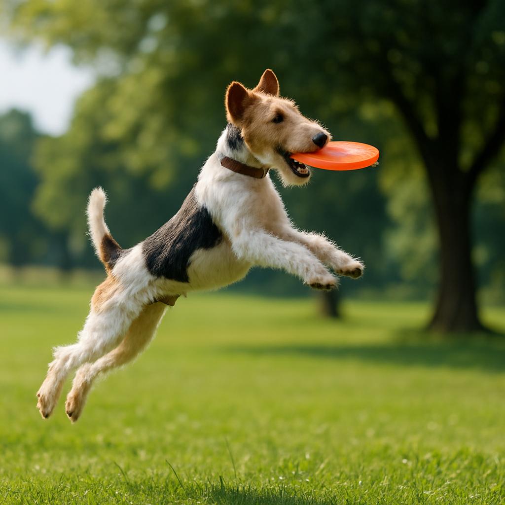 Energetic terrier leaping to catch a frisbee in a sunny park.