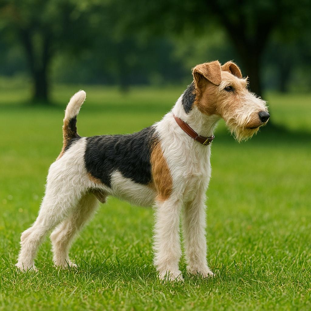 Confident tricolor terrier standing alert in grassy field.