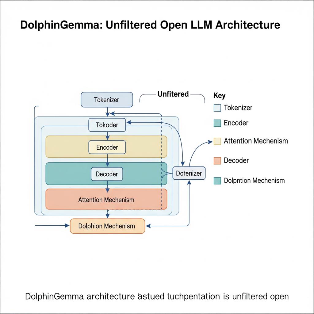 This high-resolution diagram illustrates the DolphinGemma: Unfiltered Open LLM Architecture, detailing its layered components, data flow, and transparent design.