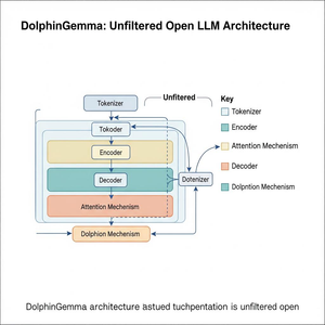 This high-resolution diagram illustrates the DolphinGemma: Unfiltered Open LLM Architecture, detailing its layered components, data flow, and transparent design.