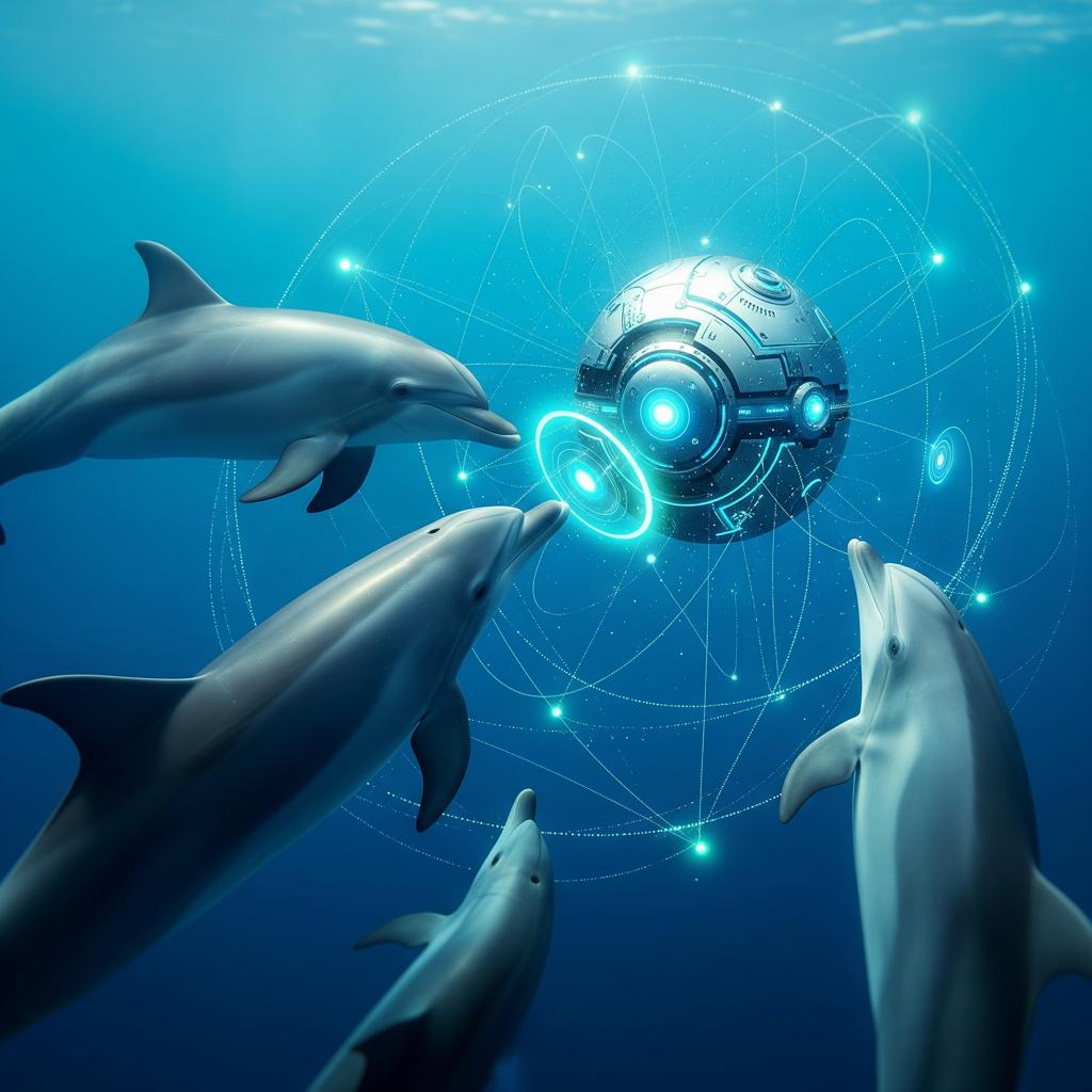 This high-quality photo shows a pod of dolphins communicating with a futuristic, orb-shaped AI entity using bioluminescent pulses in the vibrant blue ocean depths.