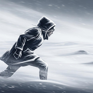 Amidst the monochromatic expanse of this empty, frozen land, there stands alone the form, skillfully rendered in somber silhouette, fearlessly defiant against the tempest's relentless hold. The chilled vacancy of the steppe retreats into the distance, its chilly undulations lost in the mad vortex of the snow. Single, muffled against the cruelty, the traveler goes on, a testament to unbending will against staggering adversity. The image movingly testifies to persistence refined in the crucible of adversity and the quiet power of the human soul on its arduous journey.