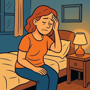 Cartoon image showing a woman experiencing menopausal discomfort within a serene bedroom setting, such that the significance of home decoration in bringing about well-being is emphasized.