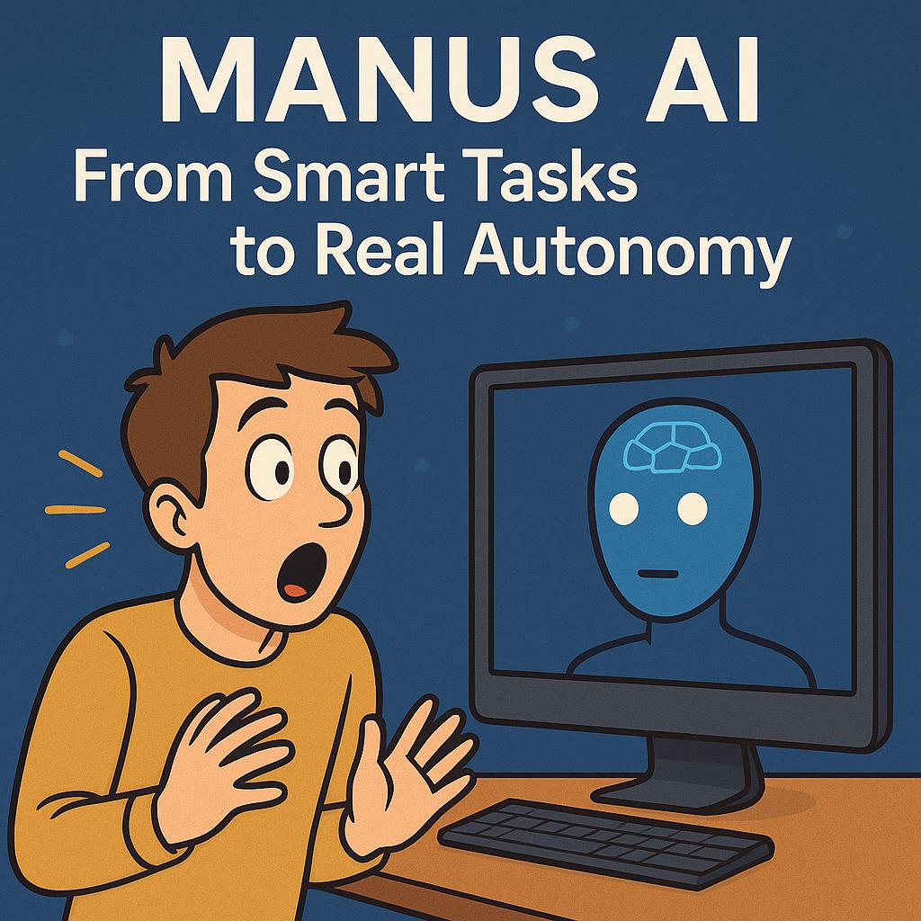 A stylized digital photo in the style of a cartoon of a young man wearing a mustard shirt staring in wonder at a computer screen. On the screen is a simple, stylized representation of artificial intelligence with a brightly colored neural-pattern head and empty face. Over them in large letters is the phrase: "MANUS AI – From Smart Tasks to Real Autonomy," all on a dark blue background with soft round designs.