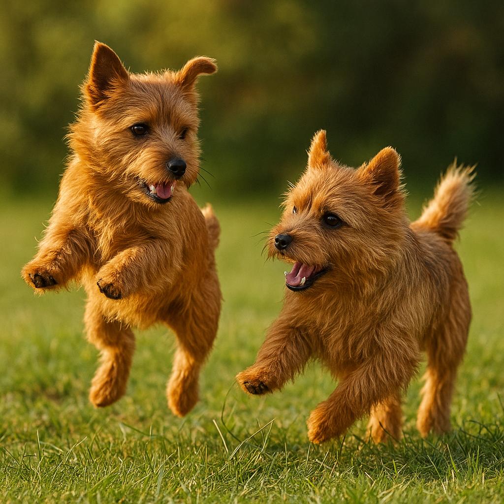 Terriers leaping in sunshine