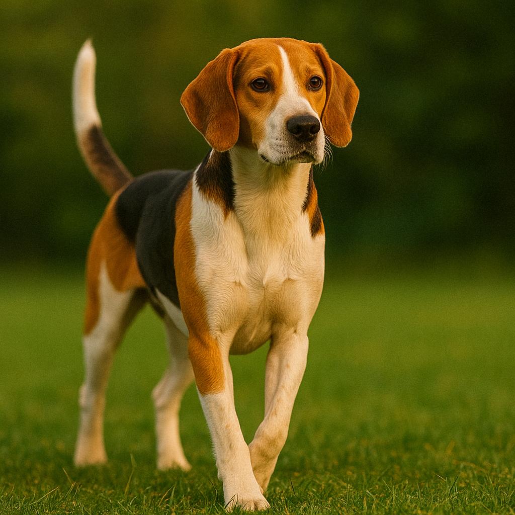 A sleek hound stands poised on sunlit grass, its tri-hued coat aglow and eyes set beyond the frame; limbs firm, ears lax, as distant foliage fades to a soft, amber-tinted hush.