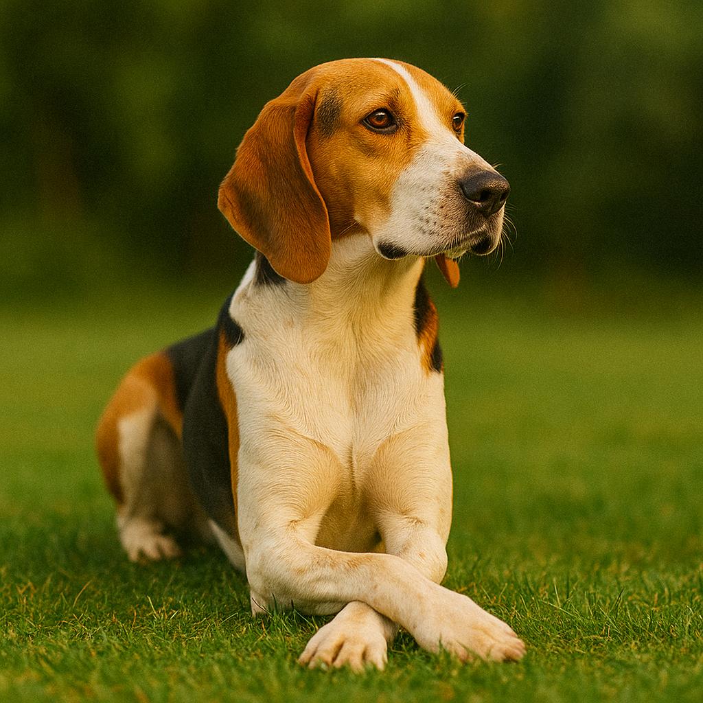 A tri-patched hound rests with elegance, forelimbs gently crossed and gaze turned aside; amber light kisses its sleek fur while the meadow behind dissolves into leafy calm.