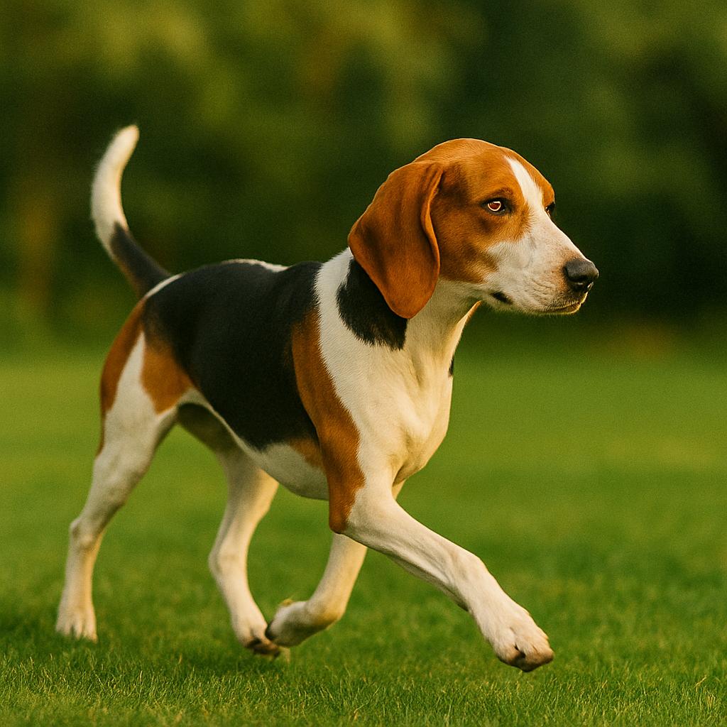 A lean tricolored tracker strides forward, tail raised and eyes locked on the unseen; motion shapes its form in golden light as forest tones blur into quiet behind.