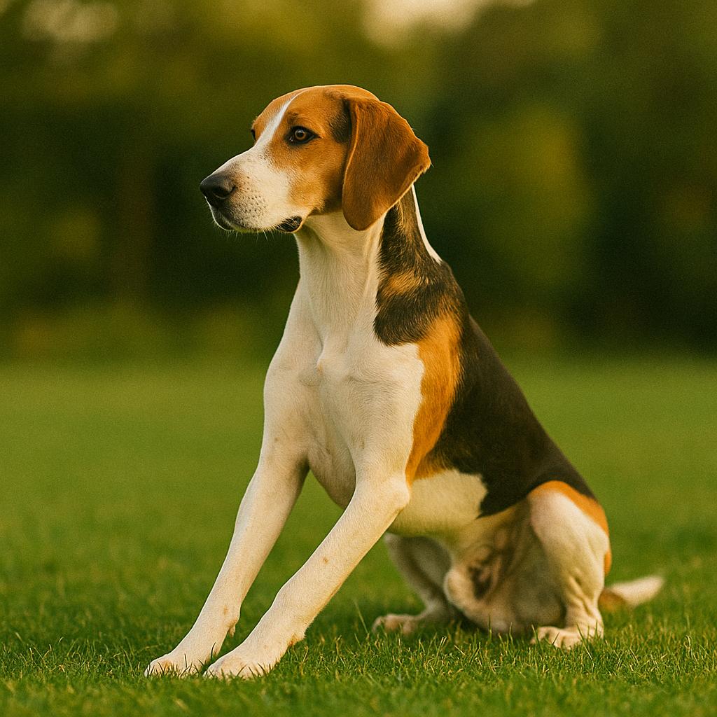 A rangy hound sits upright on a field of fading sun, limbs aligned and gaze cast sideways; amber flanks and sable patches glow as the woodland fringe dissolves in golden blur.