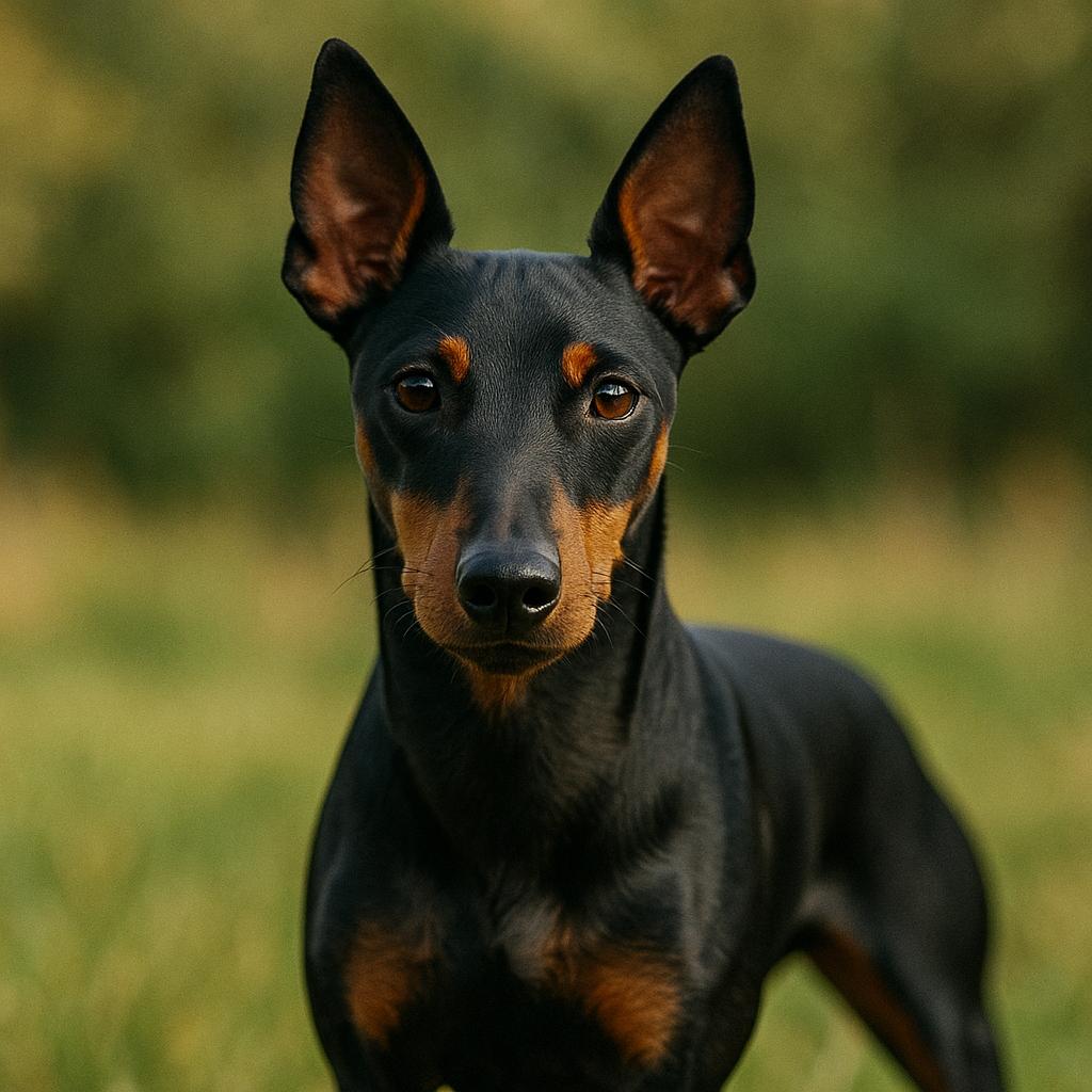 Manchester Terrier standing alert