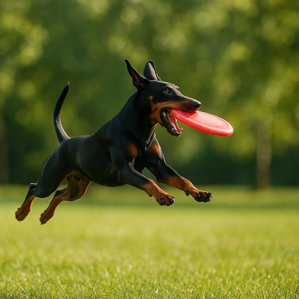Terrier catching red frisbee