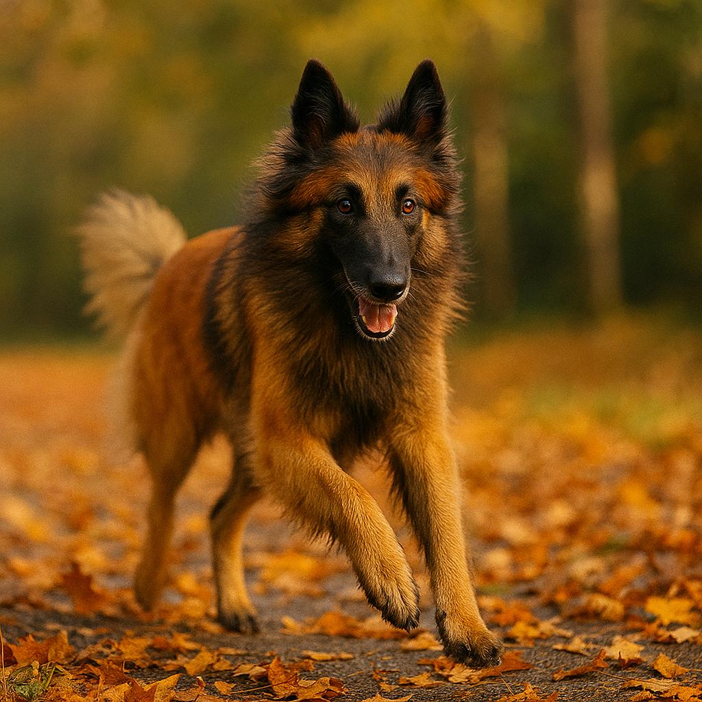 Tervuren running through leaves