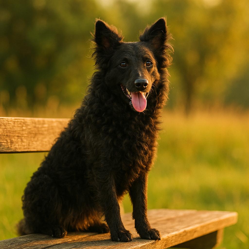 Mudi sitting on wooden bench