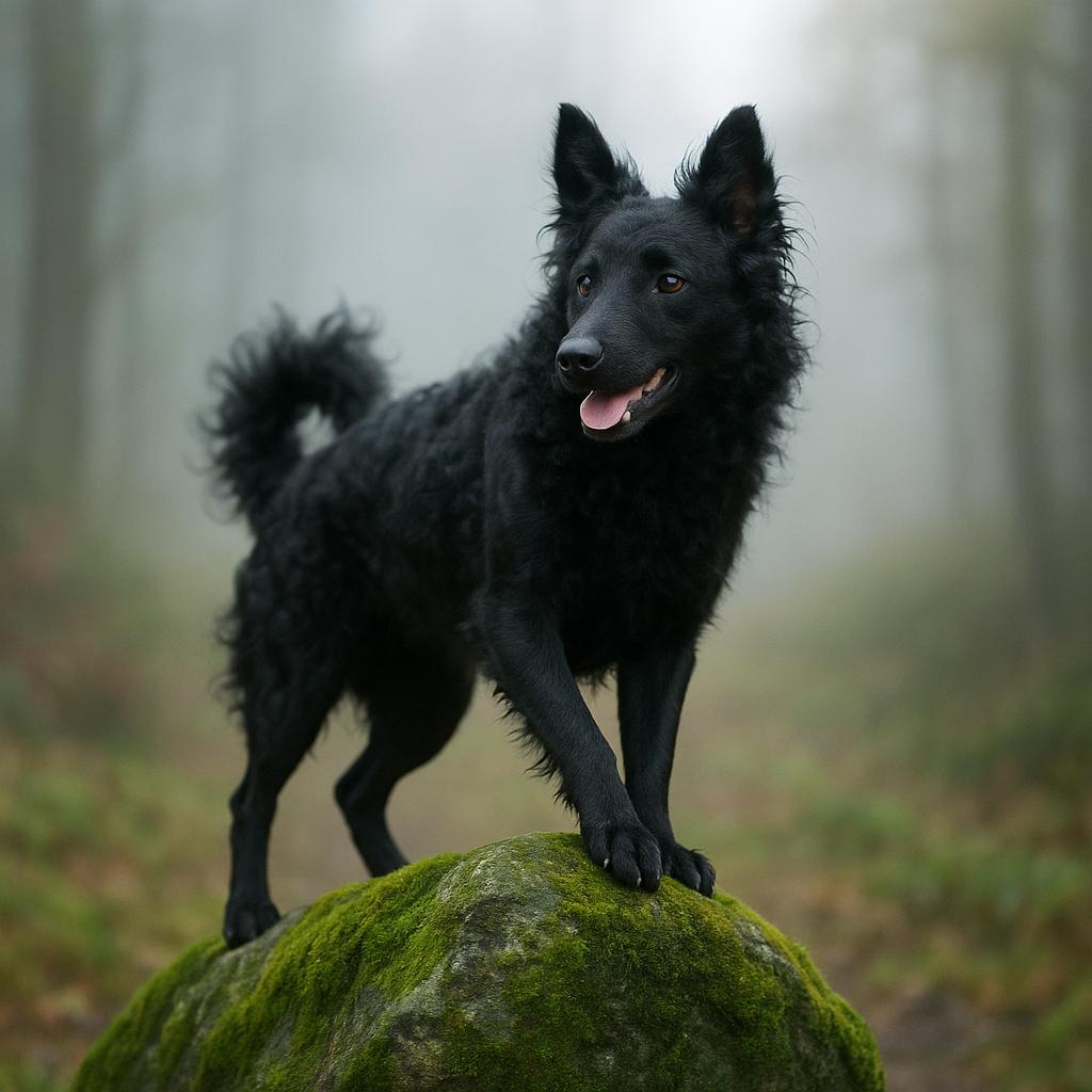 Mudi on mossy boulder