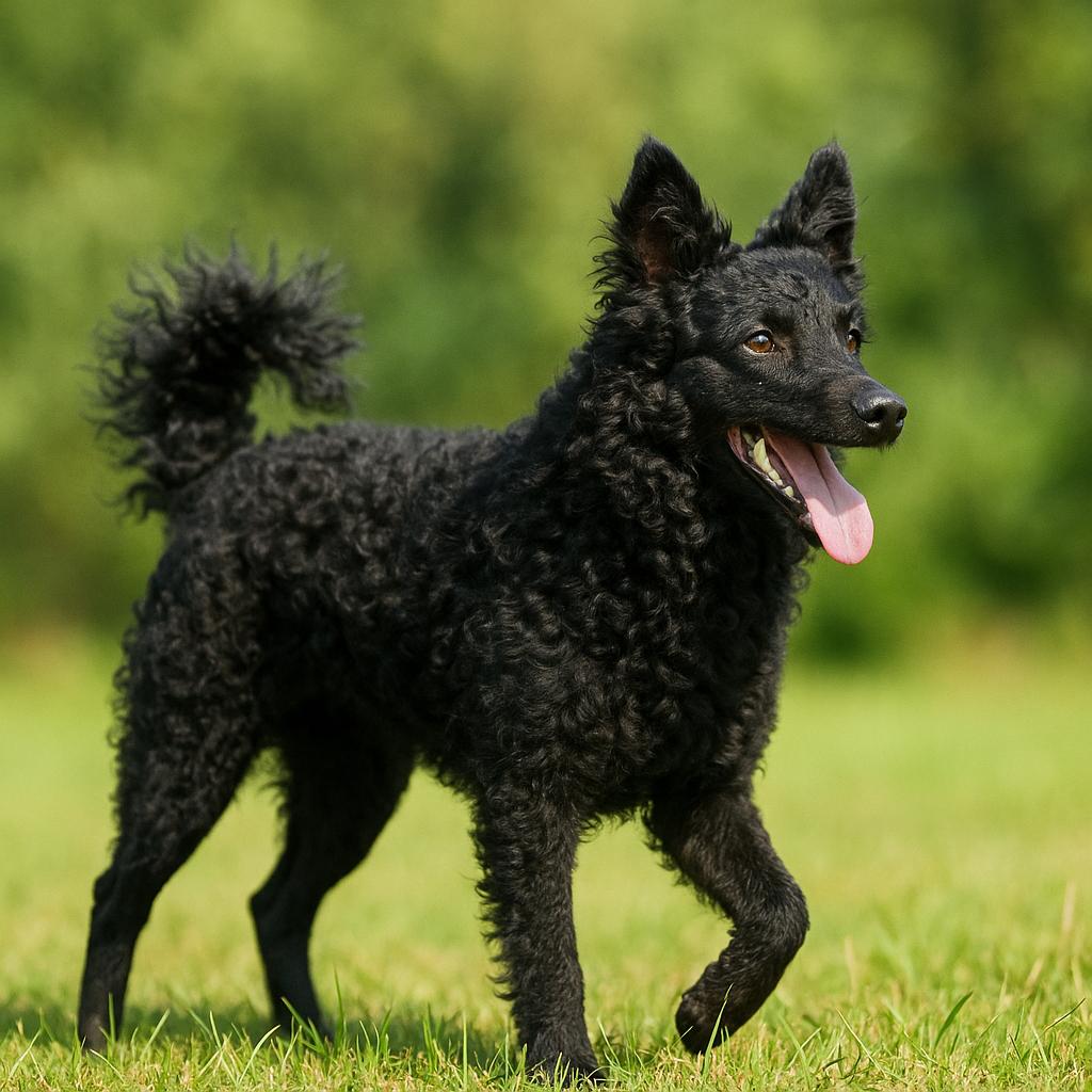 Mudi standing in profile