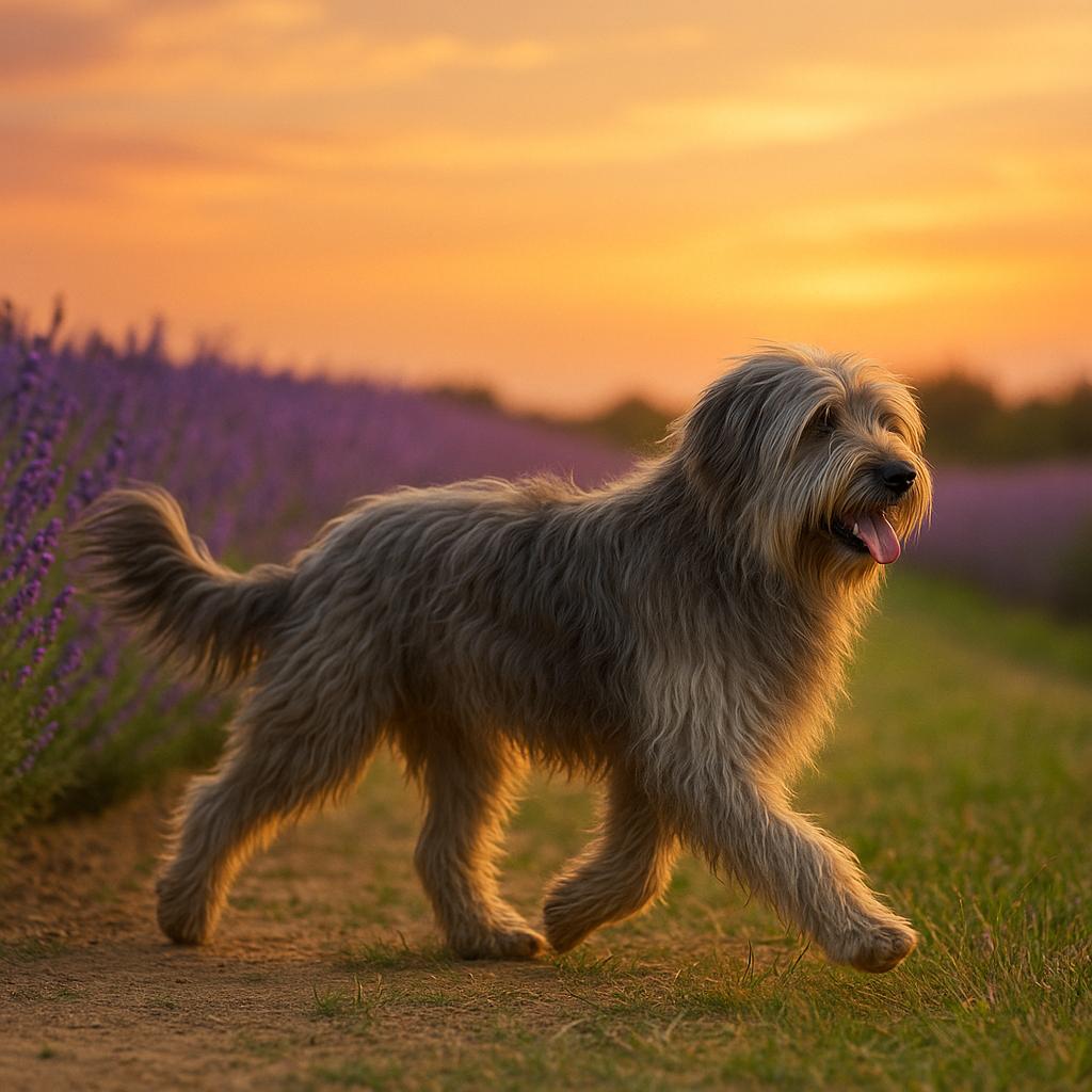 Sheepdog trotting by lavender