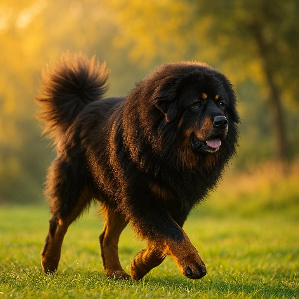 Mastiff trotting through meadow
