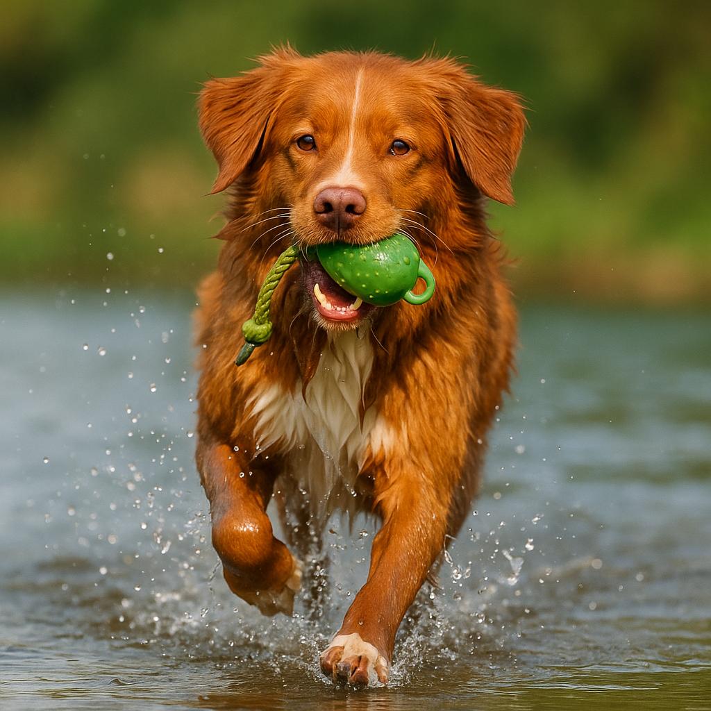 Toller retrieving ball from water