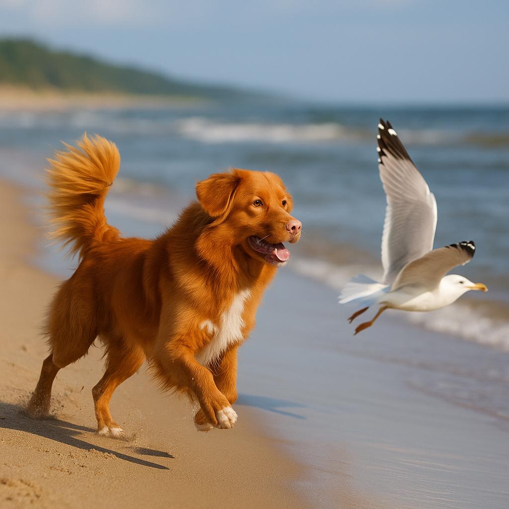 Toller chasing seagull on beach